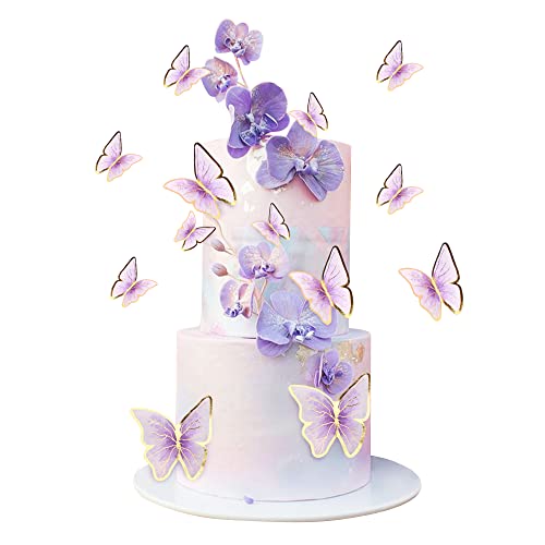 Cyodoos 30pcs Purple Gold Edge Mixed Size Lively 3D Butterfly Cupcake Topper for Girls Women's Happy Birthday Wedding Party Cake Wall Party Food Decorations