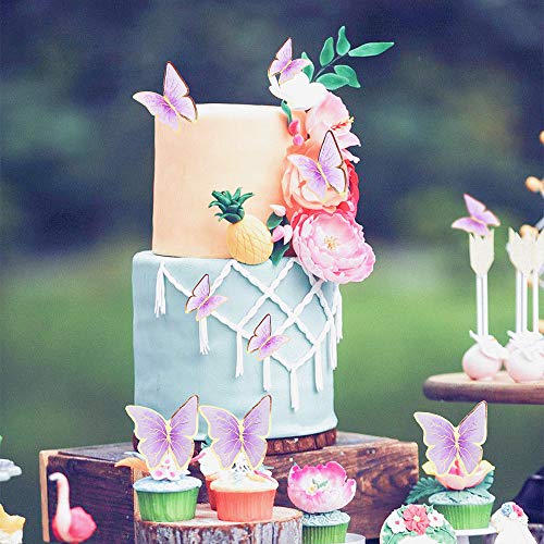 Cyodoos 30pcs Purple Gold Edge Mixed Size Lively 3D Butterfly Cupcake Topper for Girls Women's Happy Birthday Wedding Party Cake Wall Party Food Decorations