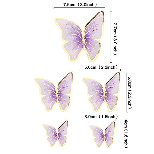 Cyodoos 30pcs Purple Gold Edge Mixed Size Lively 3D Butterfly Cupcake Topper for Girls Women's Happy Birthday Wedding Party Cake Wall Party Food Decorations