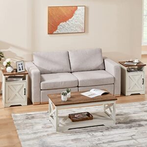 amerlife 3-piece farmhouse table set includes coffee table& two end tables, side table with charging station and usb ports, for living room, bedroom, distressed white