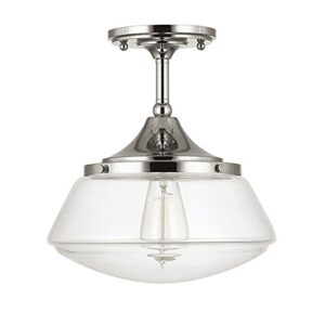 home decorators collection 1-light polished nickel vintage schoolhouse semi-flush mount light with clear glass shade – no bulbs included