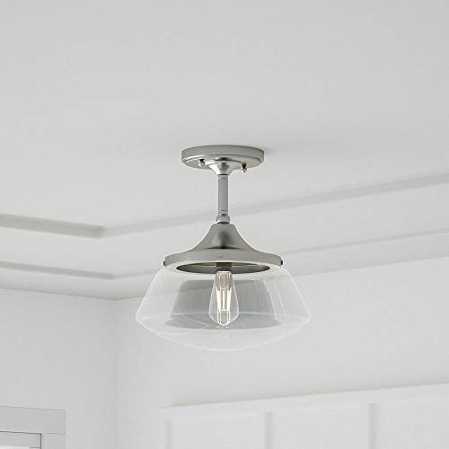 Home Decorators Collection 1-Light Polished Nickel Vintage Schoolhouse Semi-Flush Mount Light with Clear Glass Shade - No Bulbs Included