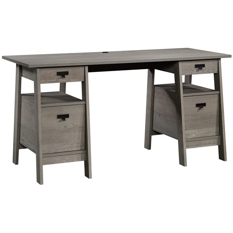 Sauder Trestle Engineered Wood Executive Desk in Mystic Oak