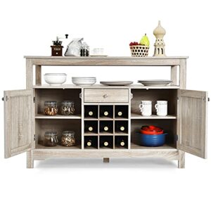 Giantex Buffet Server Sideboard, Console Table, Wood Dining Table, Cupboard Table with 2 Cabinets, 1 Drawer and 9 Wine Cabinets, Storage Organizer Kitchen and Dining Room (Gray)