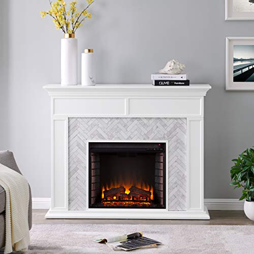 SEI Furniture Torlington Tiled Electric Fireplace, White, Gray Marble, 15" D x 50" W x 39" H