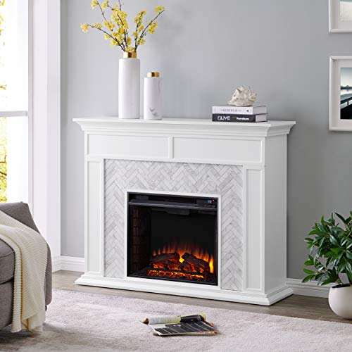SEI Furniture Torlington Tiled Electric Fireplace, White, Gray Marble, 15" D x 50" W x 39" H
