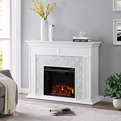 SEI Furniture Torlington Tiled Electric Fireplace, White, Gray Marble, 15" D x 50" W x 39" H