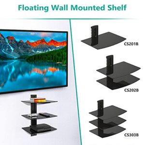 WALI Floating Entertainment Center Shelves, Holds Up to 17.6lbs, TV Shelf with Strengthened Tempered Glasses for DVD Players, Cable Boxes, Games Consoles, TV Accessories (CS303B), 3 Shelf, Black