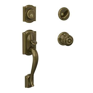 schlage f60 v cam 609 geo camelot front entry handleset with georgian knob, deadbolt keyed 1 side, antique brass