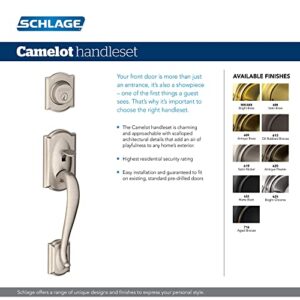 Schlage F60 V CAM 609 GEO Camelot Front Entry Handleset with Georgian Knob, Deadbolt Keyed 1 Side, Antique Brass