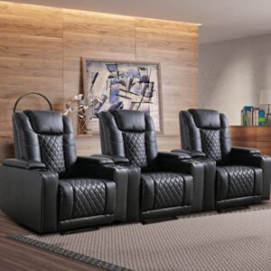 anj power recliner chair set of 3, pu leather electric home theater seating with usb ports and cup holders, black overstuffed reclining furniture with hidden arm storage
