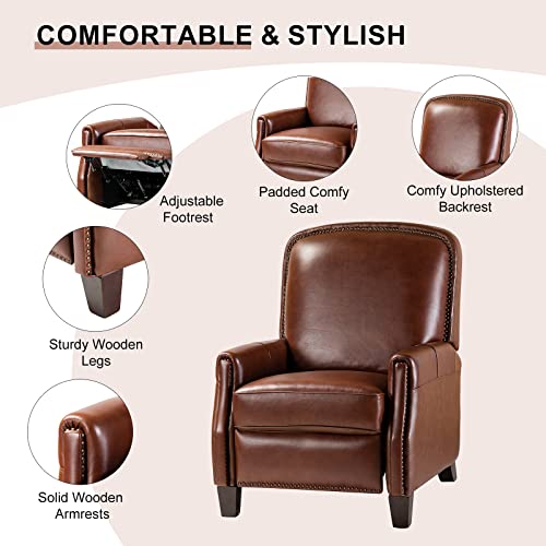 HULALA HOME Genuine Leather Recliner Chair, Classic and Traditional Push Back Recliner Chair for Living Room, Adjustable Leather Cigar Chair Recliner with Thickened Upholstered Seat Back, Brown