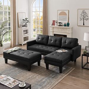 UBGO Living Room Modular, 3 Piece Furniture Set, PU Faux Leather Sectional,Convertible Bed,L-Shape Sofa Chaise Lounge with Ottoman Bench for Office Apartment,Black