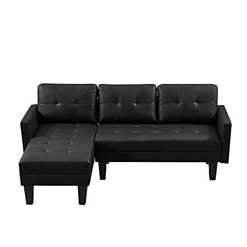 UBGO Living Room Modular, 3 Piece Furniture Set, PU Faux Leather Sectional,Convertible Bed,L-Shape Sofa Chaise Lounge with Ottoman Bench for Office Apartment,Black