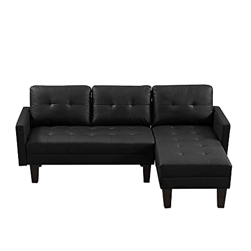 UBGO Living Room Modular, 3 Piece Furniture Set, PU Faux Leather Sectional,Convertible Bed,L-Shape Sofa Chaise Lounge with Ottoman Bench for Office Apartment,Black