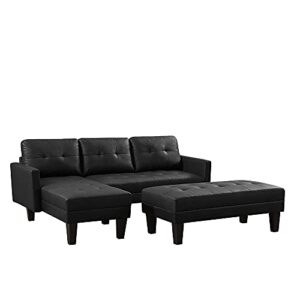 UBGO Living Room Modular, 3 Piece Furniture Set, PU Faux Leather Sectional,Convertible Bed,L-Shape Sofa Chaise Lounge with Ottoman Bench for Office Apartment,Black