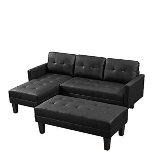 UBGO Living Room Modular, 3 Piece Furniture Set, PU Faux Leather Sectional,Convertible Bed,L-Shape Sofa Chaise Lounge with Ottoman Bench for Office Apartment,Black