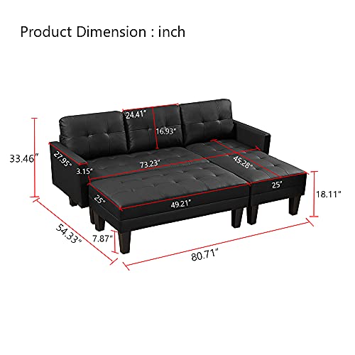 UBGO Living Room Modular, 3 Piece Furniture Set, PU Faux Leather Sectional,Convertible Bed,L-Shape Sofa Chaise Lounge with Ottoman Bench for Office Apartment,Black