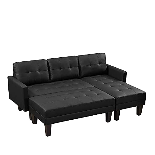 UBGO Living Room Modular, 3 Piece Furniture Set, PU Faux Leather Sectional,Convertible Bed,L-Shape Sofa Chaise Lounge with Ottoman Bench for Office Apartment,Black