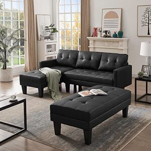 UBGO Living Room Modular, 3 Piece Furniture Set, PU Faux Leather Sectional,Convertible Bed,L-Shape Sofa Chaise Lounge with Ottoman Bench for Office Apartment,Black