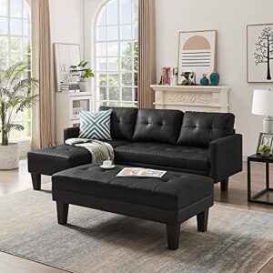 UBGO Living Room Modular, 3 Piece Furniture Set, PU Faux Leather Sectional,Convertible Bed,L-Shape Sofa Chaise Lounge with Ottoman Bench for Office Apartment,Black