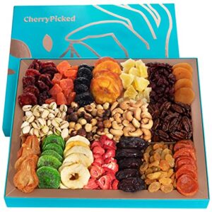 cherrypicked christmas dried fruit and nuts gift baskets, holiday prime gourmet food 18 variety xl gifts for families men women boyfriend, best healthy mens nut basket delivery, kids birthday sympathy