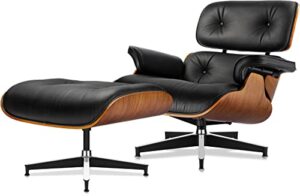 genniyz century lounge chair and ottoman, modern chair classic design, top black grain leather palisander wood, heavy duty base support for living room study lounge office standard