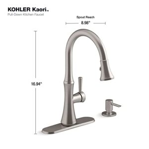 KOHLER R28706-SD-VS Kaori Single Handle Kitchen Faucet with Pull Down Sprayer and Soap Dispenser, Vibrant Stainless