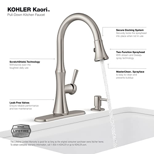 KOHLER R28706-SD-VS Kaori Single Handle Kitchen Faucet with Pull Down Sprayer and Soap Dispenser, Vibrant Stainless