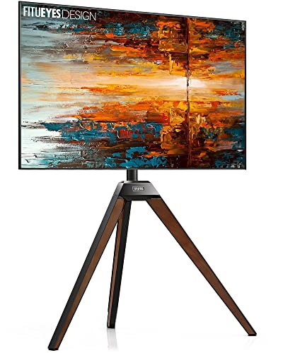 FITUEYES Design Corner TV Stand for 37 43 50 55 65 Inch TV, Tripod TV Stand Modern Easel TV Floor Stand for LED LCD Screens with Concealed Storage Wood Iron TV Furniture, Picasso Series