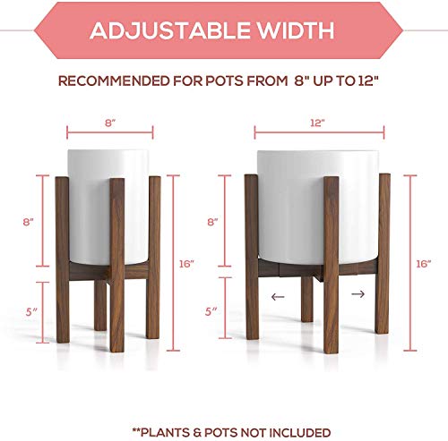 Sophia Mills Mid Century Plant Stand - Solid Wood Item Stand Handmade with Acacia - Fits Medium & Large Pots Sizes 8 to 12 inches (Not Included) (Adjustable Width: 8-12 inches, Dark Brown)