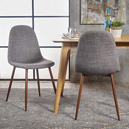 Christopher Knight Home Raina Mid-Century Modern Fabric Dining Chairs with Wood Finished Metal Legs, 2-Pcs Set, Light Grey / Dark Brown