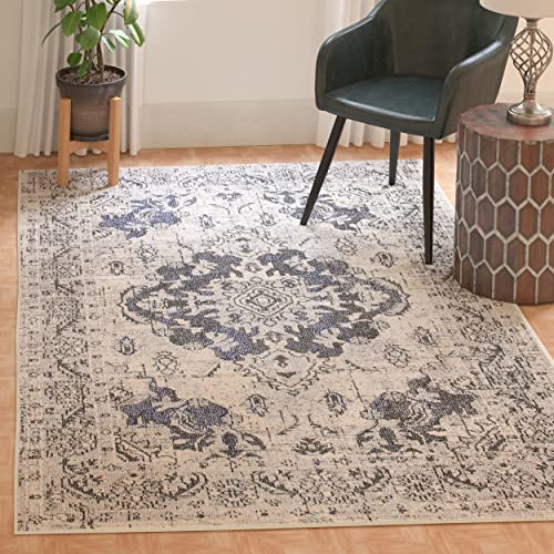 SAFAVIEH Monaco Collection 6'7" x 9'2" Ivory/Grey MNC243B Boho Chic Medallion Distressed Non-Shedding Living Room Bedroom Dining Home Office Area Rug