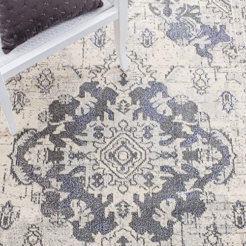 SAFAVIEH Monaco Collection 6'7" x 9'2" Ivory/Grey MNC243B Boho Chic Medallion Distressed Non-Shedding Living Room Bedroom Dining Home Office Area Rug