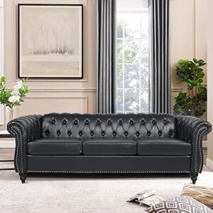 levnary chesterfield sofa, classic tufted upholstered leather couch, modern 3 seater couch furniture with tufted back for living room office (black)