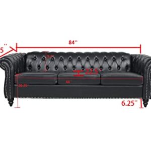 LEVNARY Chesterfield Sofa, Classic Tufted Upholstered Leather Couch, Modern 3 Seater Couch Furniture with Tufted Back for Living Room Office (Black)