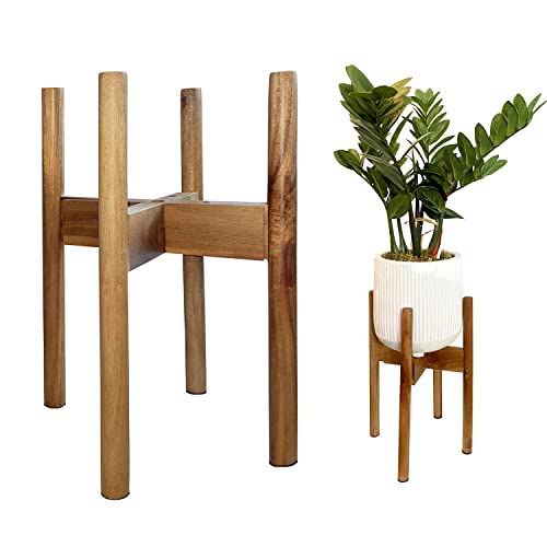 GEMEZZI Wood Plant Stand Modern to Mid Century Indoor and Outdoor Plant Stand and Rattan Plant Stand for Flower Pots, Adjustable Plant Holder Fits 8 9 10 11 to 12 Inch Planter Stands