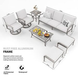 HAPPATIO 7 Piece Aluminum Patio Furniture Set, 3-Seat Outdoor Ottoman and Swivel Armchair, All-Weather Outdoor Sectional Sofa with Side Table and Coffee Table, Garden Conversation Set for Lawn(Gray)