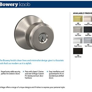 SCHLAGE F51A BWE 608 COL Bowery Knob with Collins Trim Keyed Entry Lock, Satin Brass