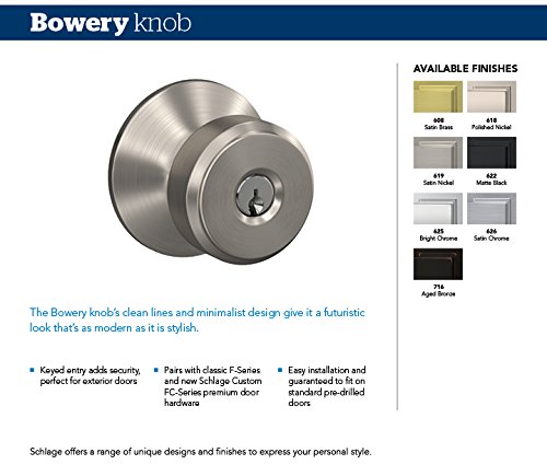 SCHLAGE F51A BWE 608 COL Bowery Knob with Collins Trim Keyed Entry Lock, Satin Brass