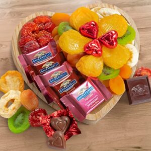 Dried Fruit and Chocolate with Ghirardelli on Heart Shaped Bamboo Tray for Valentines Day