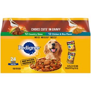 pedigree choice cuts in gravy adult canned soft wet dog food variety pack, country stew and chicken & rice flavor, 13.2 oz. cans 24 pack