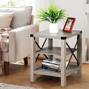 idealhouse farmhouse end table 18.1″ sofa side end table for living room 3-tier industrial gray storage nightstand table with removable middle shelf (used as 2-tier table) easy assembly x metal frame