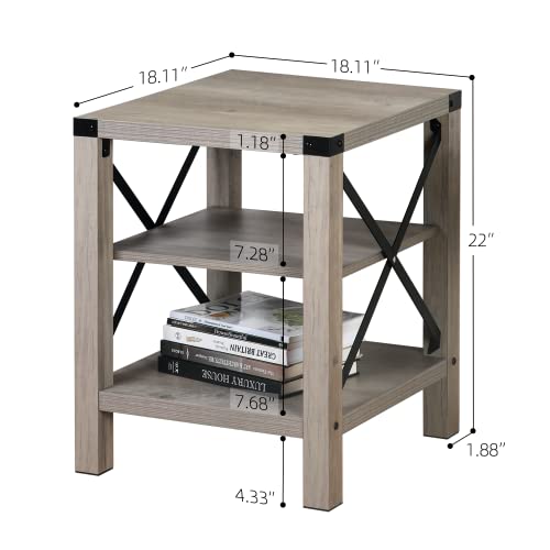 IDEALHOUSE Farmhouse End Table 18.1" Sofa Side End Table for Living Room 3-Tier Industrial Gray Storage Nightstand Table with Removable Middle Shelf (Used as 2-Tier Table) Easy Assembly X Metal Frame