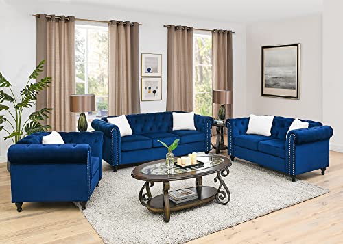 Melpomene 3 Pieces Blue Velvet Living Room Sofa Set Including 3-Seater Sofa Loveseat and Sofa Chair, with Button Tufted Nailhead and 5 White Villose Cushions (1+2+3 seat)