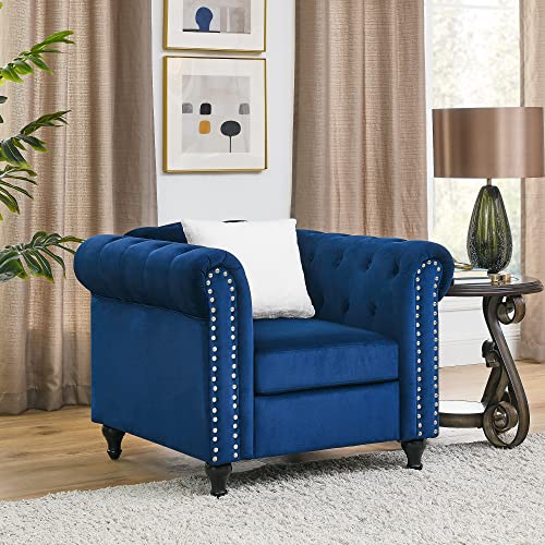 Melpomene 3 Pieces Blue Velvet Living Room Sofa Set Including 3-Seater Sofa Loveseat and Sofa Chair, with Button Tufted Nailhead and 5 White Villose Cushions (1+2+3 seat)