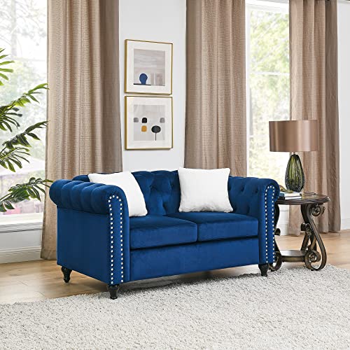 Melpomene 3 Pieces Blue Velvet Living Room Sofa Set Including 3-Seater Sofa Loveseat and Sofa Chair, with Button Tufted Nailhead and 5 White Villose Cushions (1+2+3 seat)