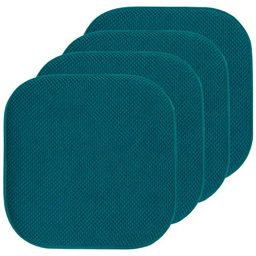 Sweet Home Collection Chair Cushion Memory Foam Pads Honeycomb Pattern Slip Non Skid Rubber Back Rounded Square 16" x 16" Seat Cover, 4 Pack, Peacock Blue