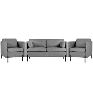 living room sofa set of 3, modern loveseat couch & comfy accent arm chair w/pillows, metal legs, upholstered love seats furniture for bedroom, office, small space, apartment grey 3pcs, (183)