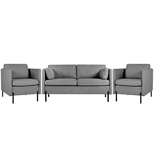 Living Room Sofa Set of 3, Modern Loveseat Couch & Comfy Accent Arm Chair w/Pillows, Metal Legs, Upholstered Love Seats Furniture for Bedroom, Office, Small Space, Apartment Grey 3PCS, (183)